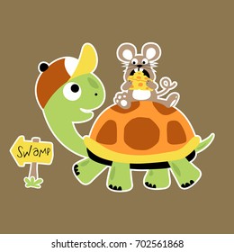 Little mouse holding cheese ride on turtle, vector cartoon illustration