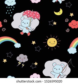 Little mouse holding an umbrella, and other weather related illustrations - seamless pattern