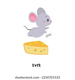 Little Mouse Jumping Over Yellow Cheese as English Language Preposition for Educational Activity Vector Illustration