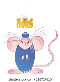 Little mouse looking at slice of cheese hanging over him
