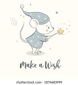 Little mouse with a magic wand makes a wish. Baby print, Nursery poster, kids design.