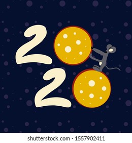 Little mouse makes New year logo with round cheese. Chinese two thousand twenty new year. Symbol of 2020 - Vector