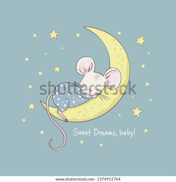 Little mouse on the moon. Cartoon vector\
illustration for kids. Use for print design, surface design,\
fashion kids wear, baby\
shower\
