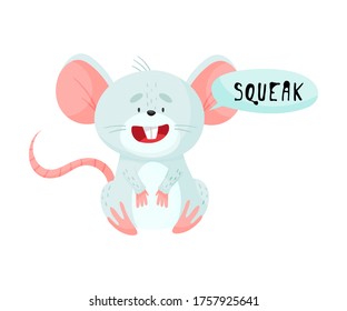 Little Mouse with Open Mouth Making Squeak Sound Isolated on White Background Vector Illustration