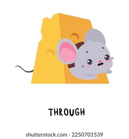 Little Mouse Peeping Through Cheese Hole as English Language Preposition for Educational Activity Vector Illustration