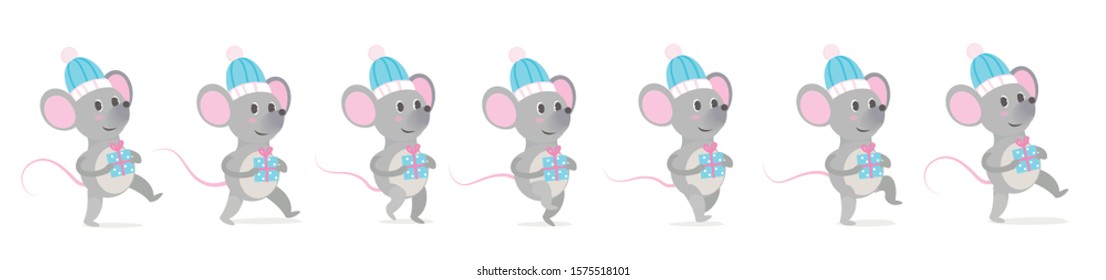 A little mouse or rat with a gift. New Year's gait of a character, animated 2d cycle of walking. The creeping animal.