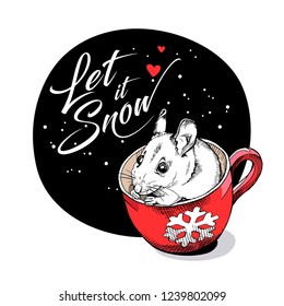 Little Mouse in a red cup. Let it snow – lettering quote. Christmas and New Year card, t-shirt composition, handmade vector illustration.
