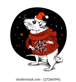 Little Mouse in a red knitted pullover with snowflake, scarf, and in a Santa's cap at a snow night. Christmas and New Year card, t-shirt composition, handmade vector illustration.