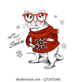 Little Mouse in a red knitted pullover with snowflake and in a glasses. Let it snow – lettering quote. Christmas and New Year card, t-shirt composition, handmade vector illustration.