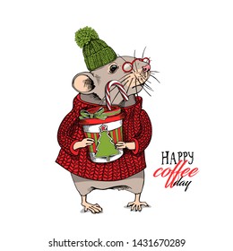 Little Mouse in a red knitted pullover, green winter hat, in a glasses, with coffee. Happy coffee day – lettering quote. Christmas and New Year card, t-shirt composition, handmade vector illustration.