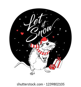 Little Mouse in a red Santa's cap, striped scarf and with a gifts. Let it snow – lettering quote. Christmas and New Year card, t-shirt composition, handmade vector illustration.