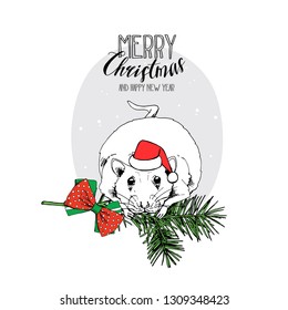 Little Mouse in a red Santa's cap and a fir branch with bow. Merry Christmas – lettering quote. New Year card, t-shirt composition, handmade vector illustration.