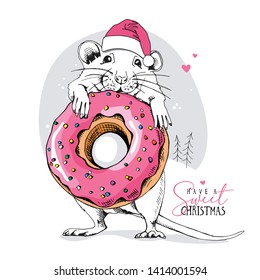 Little Mouse in a red Santa's cap and with a pink donut. Have a sweet Christmas – lettering quote. New Year card, t-shirt composition, handmade vector illustration.