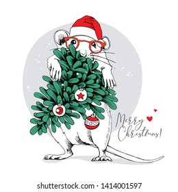 Little Mouse in a red Santa's cap and in a glasses with a Fir tree. Merry Christmas – lettering quote. New Year card, t-shirt composition, handmade vector illustration.