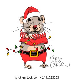 Little Mouse in a red Santa's costume with Garland Lights. Christmas and New Year card, t-shirt composition, handmade vector illustration.