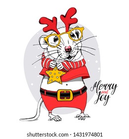 Little Mouse in a red Santa's costume and in a antler mask, with a yellow star. Merry and joy – lettering quote. Christmas and New Year card, t-shirt composition, handmade vector illustration.