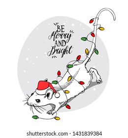 Little Mouse in a red Santa's hat with Garland Lights. Be merry and bright – lettering quote. Christmas and New Year card, t-shirt composition, handmade vector illustration.