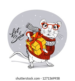 Little Mouse in a red striped pullover and white scarf with gift box. Let it snow – lettering quote. Christmas and New Year card, t-shirt composition, handmade vector illustration.