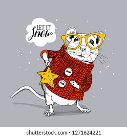 Little Mouse in a red striped pullover and in a glasses, with a yellow star. Let it snow – lettering quote. Christmas and New Year card, t-shirt composition, handmade vector illustration.