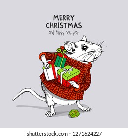 Little Mouse in a red striped pullover with gift boxes. Christmas and New Year card, t-shirt composition, handmade vector illustration.