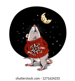 Little Mouse in a red striped pullover with snowflake and cheese moon at night. Christmas and New Year card, t-shirt composition, handmade vector illustration.