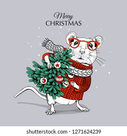 Little Mouse in a red striped pullover and white scarf with fir tree. Merry Christmas – lettering quote. New Year card, t-shirt composition, handmade vector illustration.