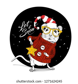 Little Mouse in a red striped pullover and in a Santa's cap, with a yellow star. Let it snow – lettering quote. Christmas and New Year card, t-shirt composition, handmade vector illustration.