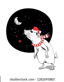 Little Mouse in red striped sсarf, in Santa's cap, and a cheese moon at night. Christmas and New Year card, t-shirt composition, handmade vector illustration.