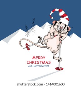 Little Mouse in a red striped Santa's cap and with a ski poles. Merry Christmas – lettering quote. New Year card, t-shirt composition, handmade vector illustration.