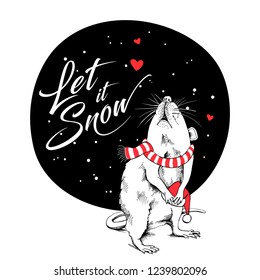 Little Mouse in a red striped scarf and with a Santa's cap. Let it snow – lettering quote. Christmas and New Year card, t-shirt composition, handmade vector illustration.