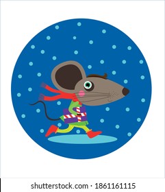 Little mouse running while holding a gift