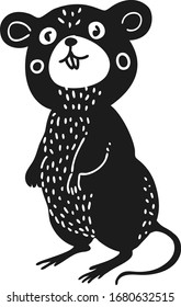 Little mouse in scandinavian style. Nursery wall decor print. Isolated vector animal. Monochromic illustration art. 