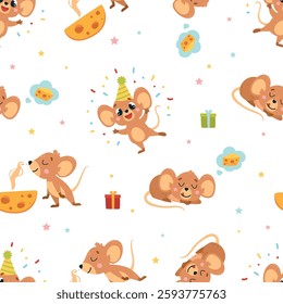 Little mouse seamless pattern. Funny mice with cheese and gifts. Cartoon animal print for fabric, wallpaper, wrapping, website, classy vector background