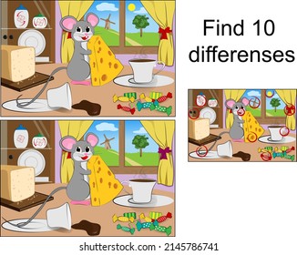 A little mouse sits on the table and holds a piece of cheese in its paws. Find 10 differences. Educational game for children. Vector illustration