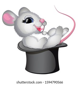 Little mouse sitting in magic black hat. Cartoon vector illustration. EPS 10