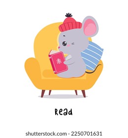 Little Mouse Sitting on Armchair and Reading Book Demonstrating English Verb for Educational Activity Vector Illustration