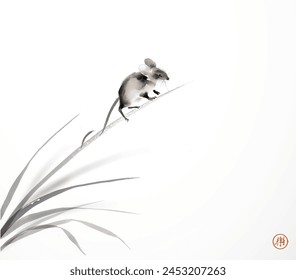 Little mouse sitting on grass stem. Traditional oriental ink painting sumi-e, u-sin, go-hua. Hieroglyph - joy.