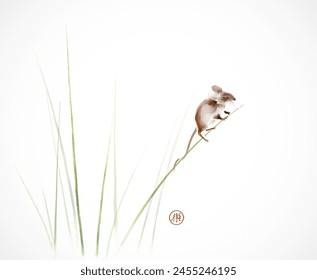 Little mouse sitting on grass stem. Traditional oriental ink painting sumi-e, u-sin, go-hua. Hieroglyph - joy.