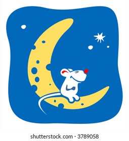 The little mouse sitting on the moon-cheese on a background of the star sky.