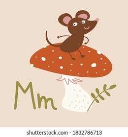A little mouse is sitting on a mushroom. Funny vector hand drawn illustration for kid design. Abc book, poster, print. Cute animals in flat style. Hand lettering "Mm".