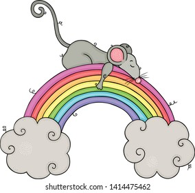 Little mouse sleeping on rainbow and clouds