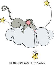 Little mouse sleeping on top of cloud with stars
