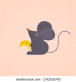 Little mouse with a slice of cheese. Vector illustration on a colored background. Flat design. 