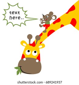 Little mouse sliding on giraffe's neck, vector cartoon illustration