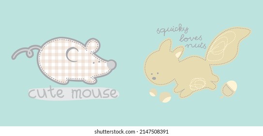 little mouse and squirrel eating nuts Cartoon vector illustration for kids t shirt, frock, cloths, pajamas, book cover, stickers, print