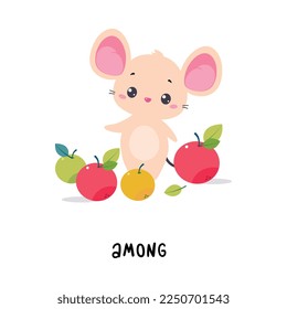 Little Mouse Standing Among Apple as English Language Preposition for Educational Activity Vector Illustration