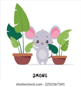 Little Mouse Standing Among Houseplant in Pots as English Language Preposition for Educational Activity Vector Illustration