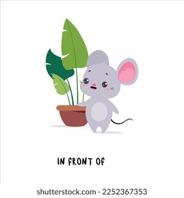 Little Mouse Standing in Front of Houseplant as English Language Preposition for Educational Activity Vector Illustration