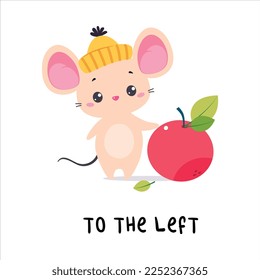 Little Mouse Standing to the Left of Apple as English Language Preposition for Educational Activity Vector Illustration