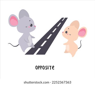 Little Mouse Standing Opposite Each Other on the Road as English Language Preposition for Educational Activity Vector Illustration